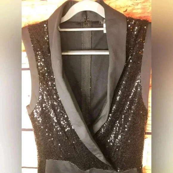 All Black Sequin sleeveless Tuxedo Jumpsuit size Large - Picture 7 of 16